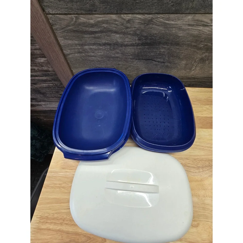 Tupperware Microwave Steamer Set Blue White 3 Piece 1273-3 Reheat Steam Veggie